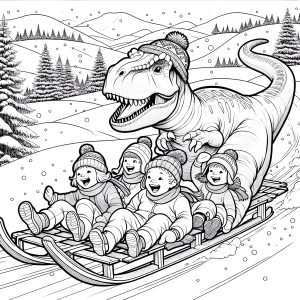 t-rex on a toboggan with kids - coloring page