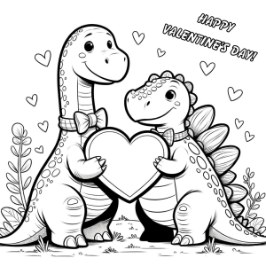 Brachiosaurus and Stegosaurus hold a blank heart for kids to write personal valentines day messages