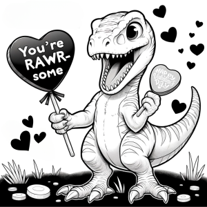velociraptor holding his custom heart candy with message like "You're rawr-some" on them