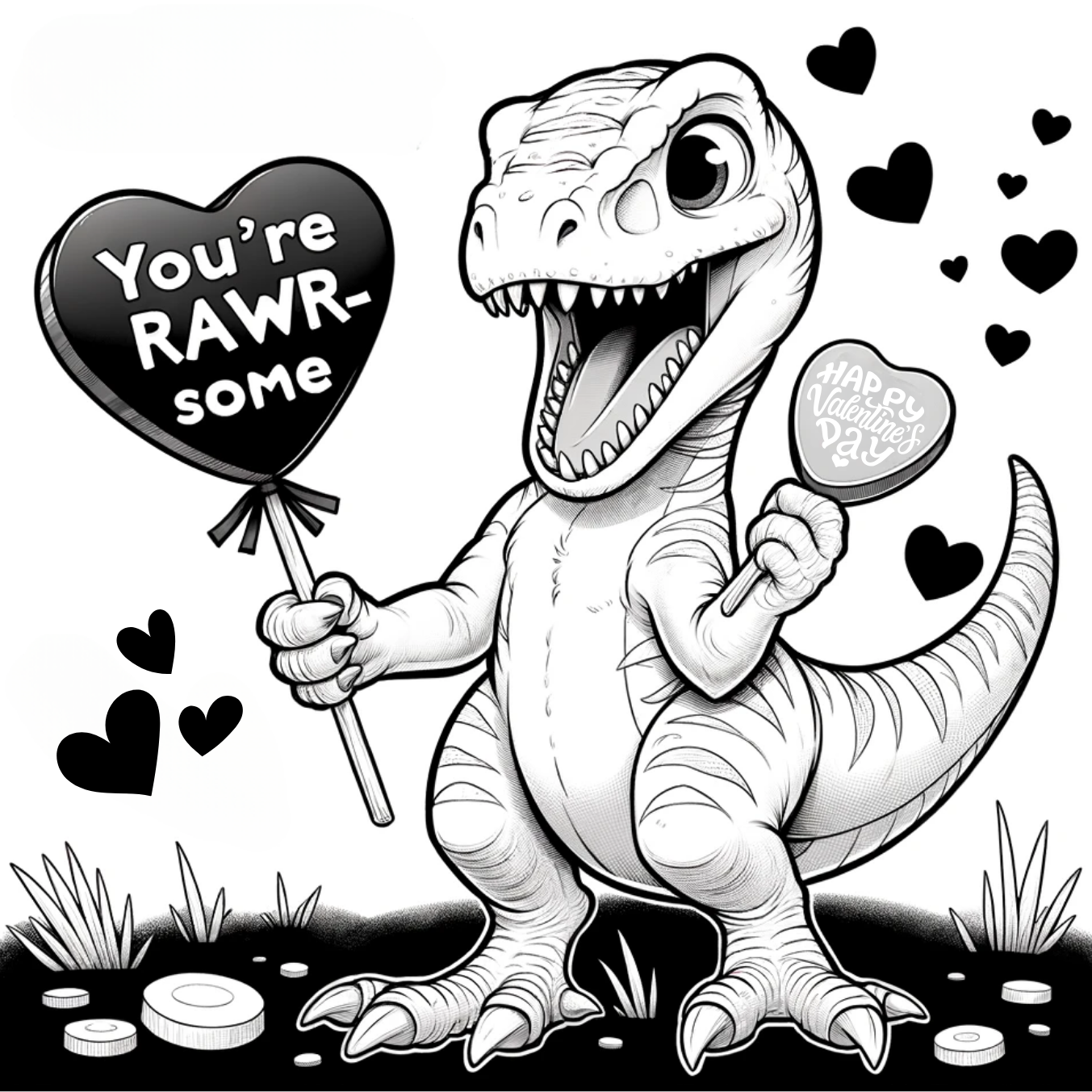 velociraptor excited to give heart candy with personal messages on them to loved ones