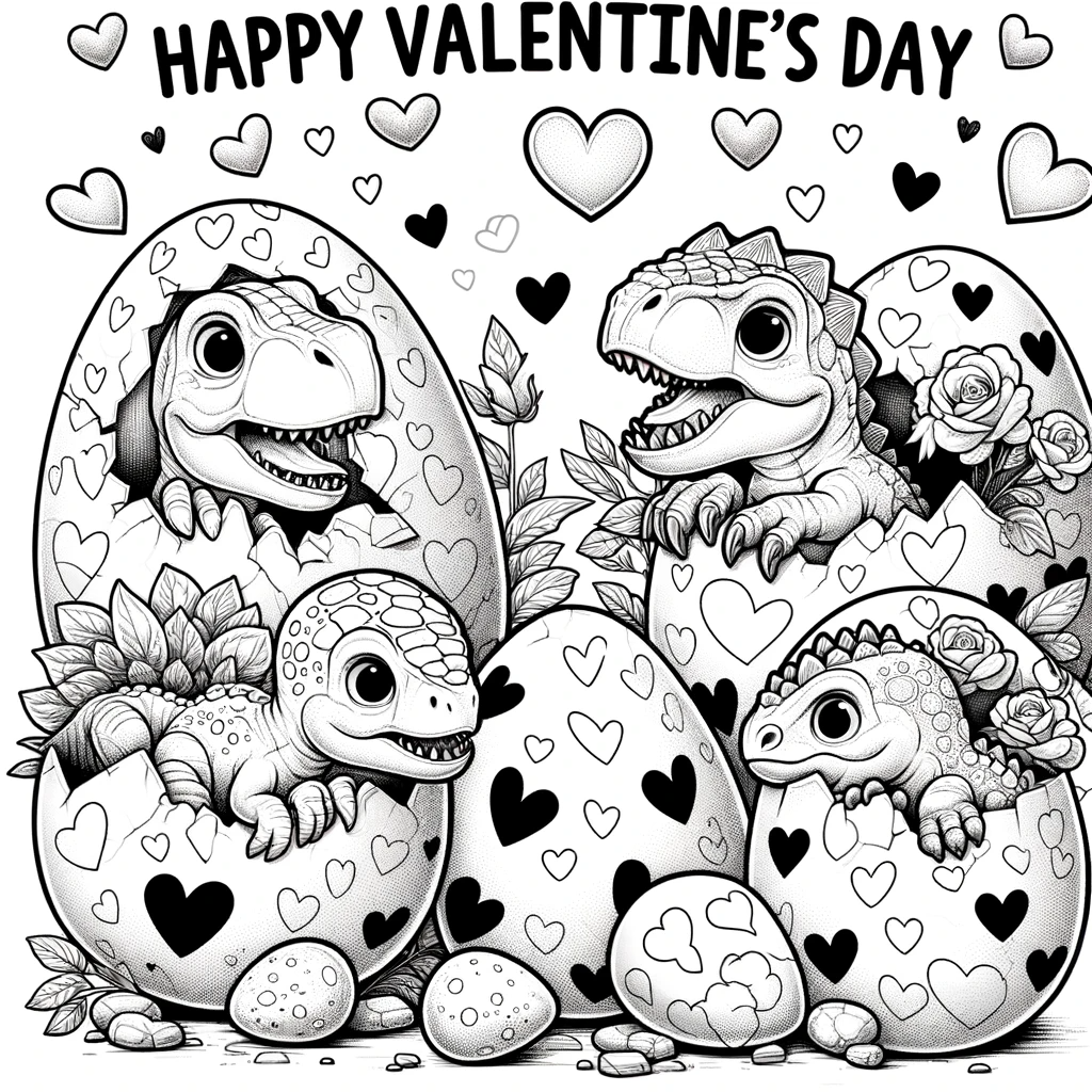 four dinosaurs hatching together on valentine's day