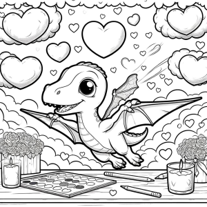 Baby Pterodactyl dreaming about flying through heart-shaped clouds and decorations